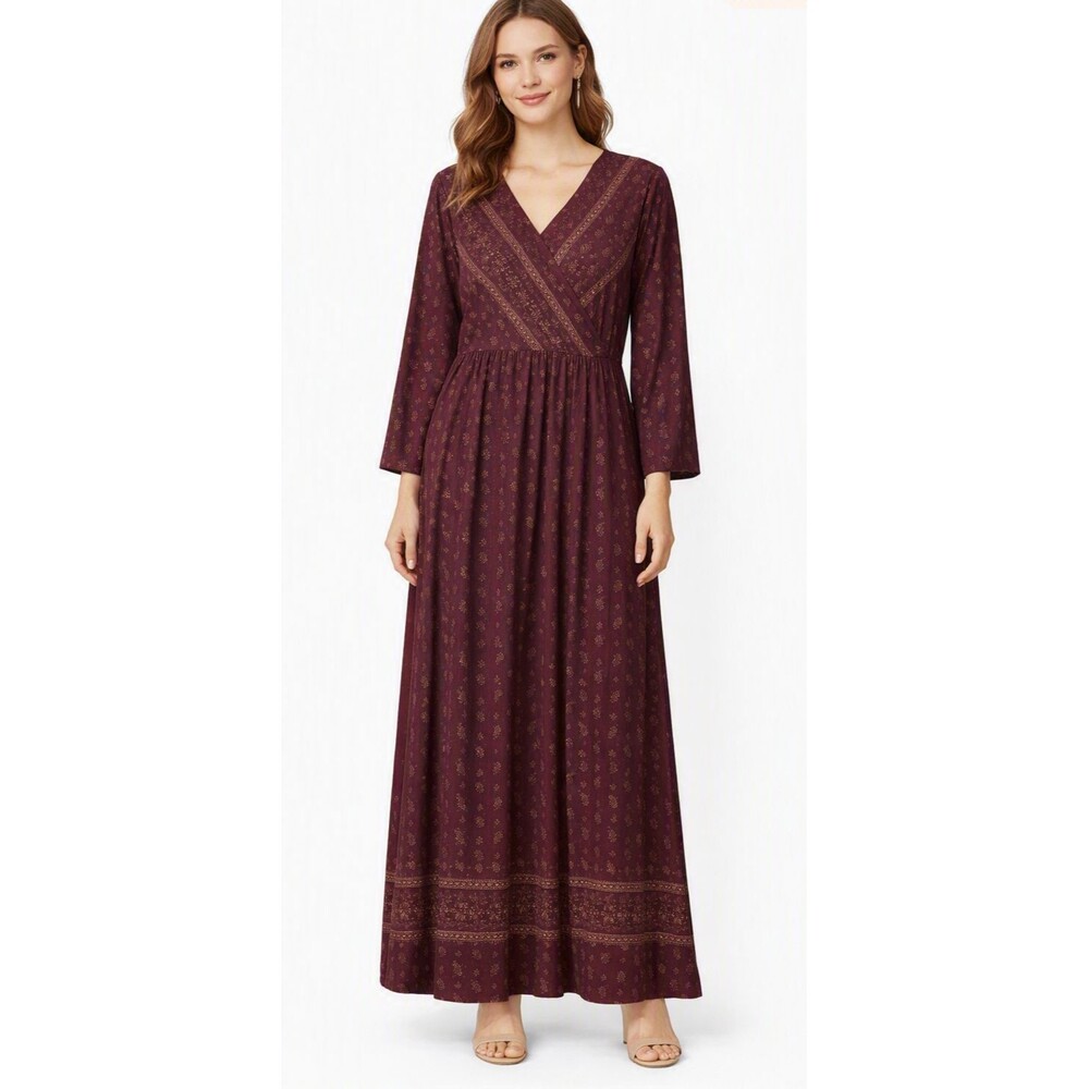Nurture Maxi Dress XL Maroon Gold Floral Pattern Ornate Hem Border Bohemian Y2K
